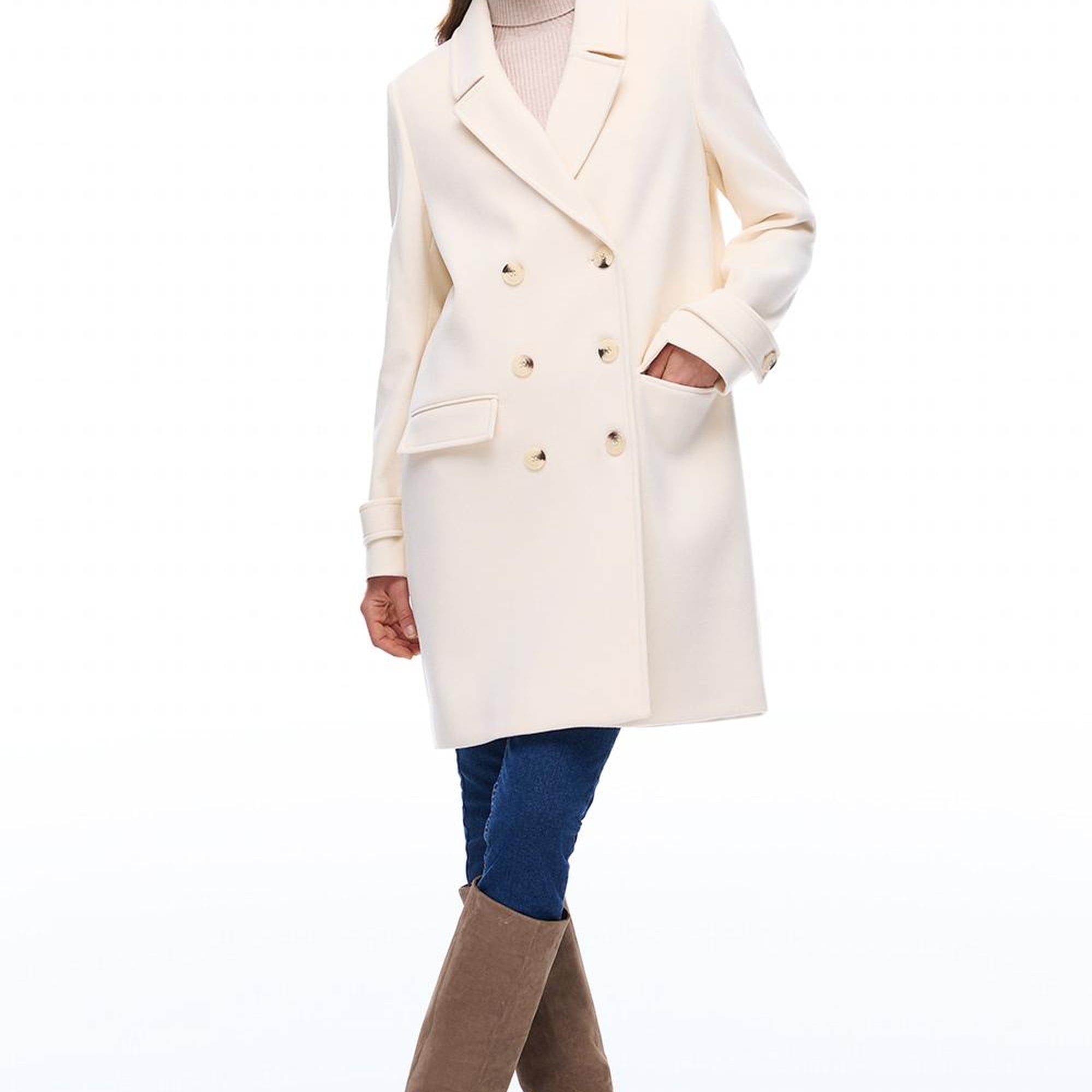 Mona Regular Fit Diz Üstü Takma Kol Erkek Yaka Ekru Kaban