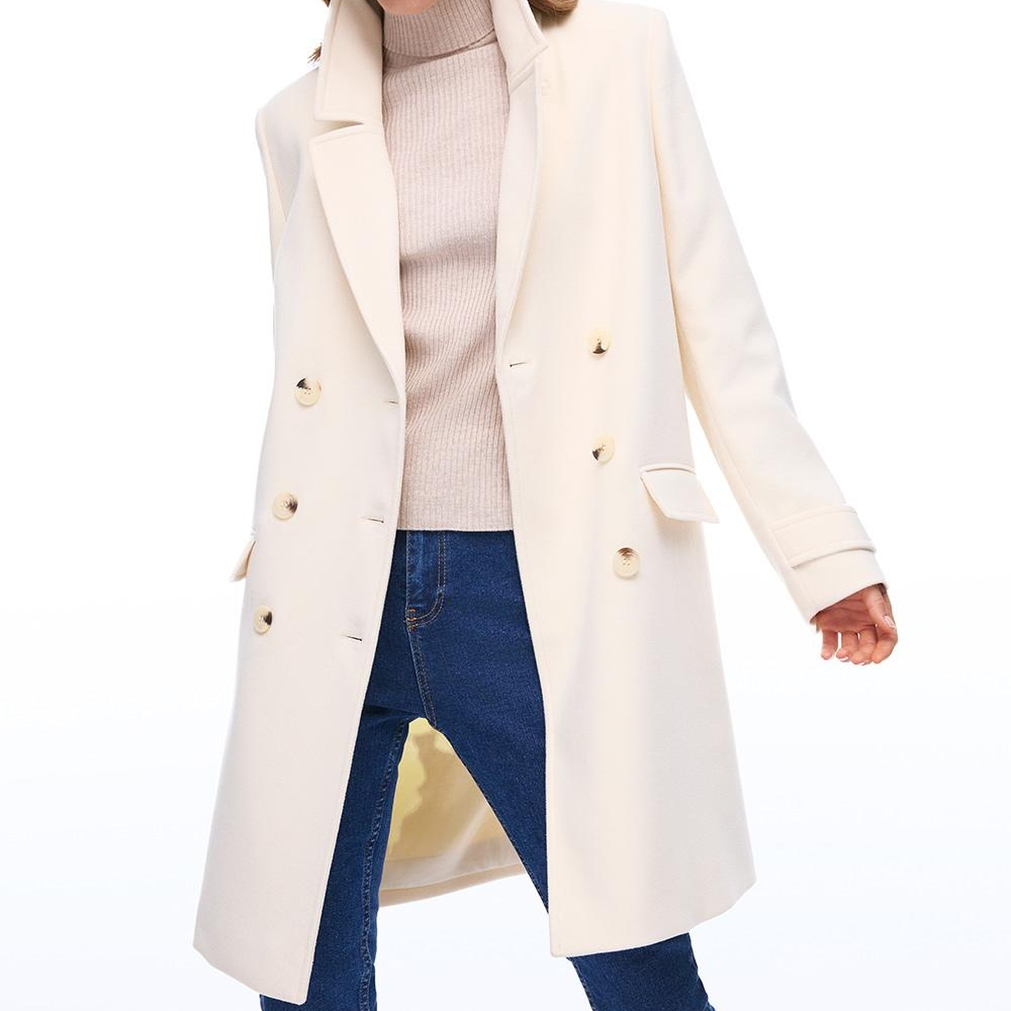 Mona Regular Fit Diz Üstü Takma Kol Erkek Yaka Ekru Kaban