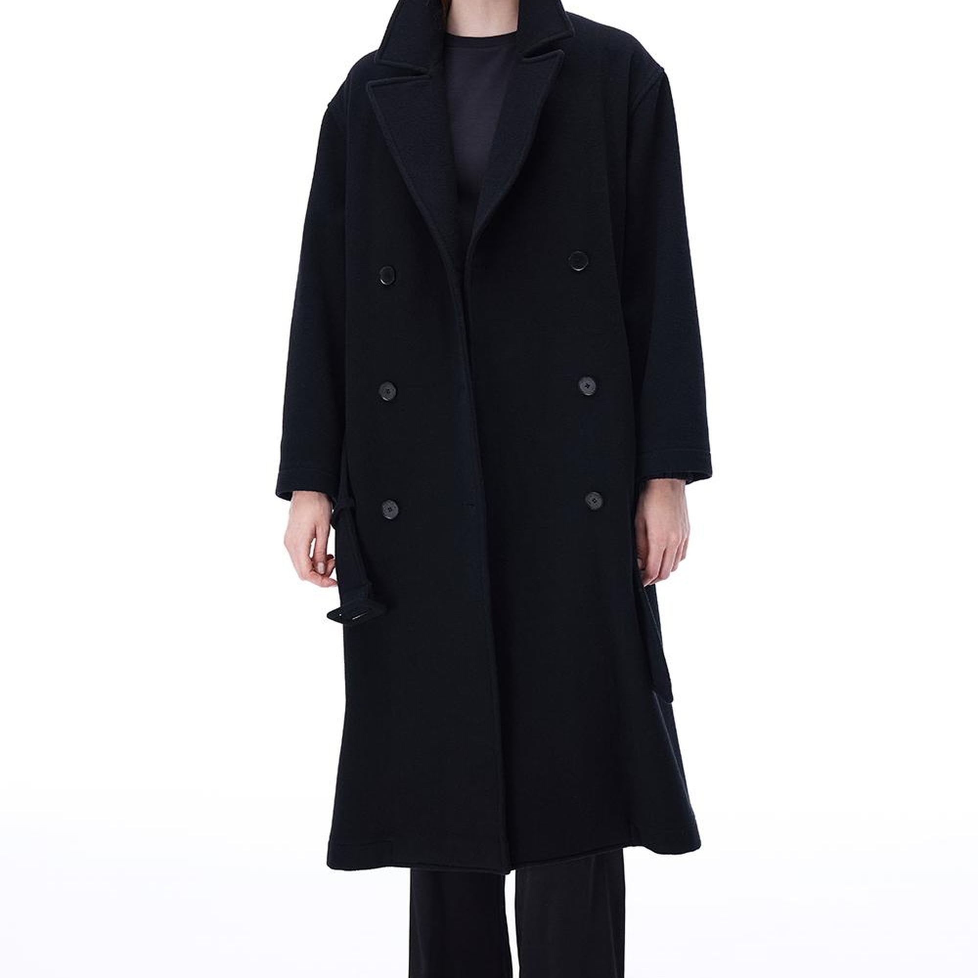 Alaias Regular Fit Uzun Boy Düşük Kollu Erkek Yaka Siyah Kaban