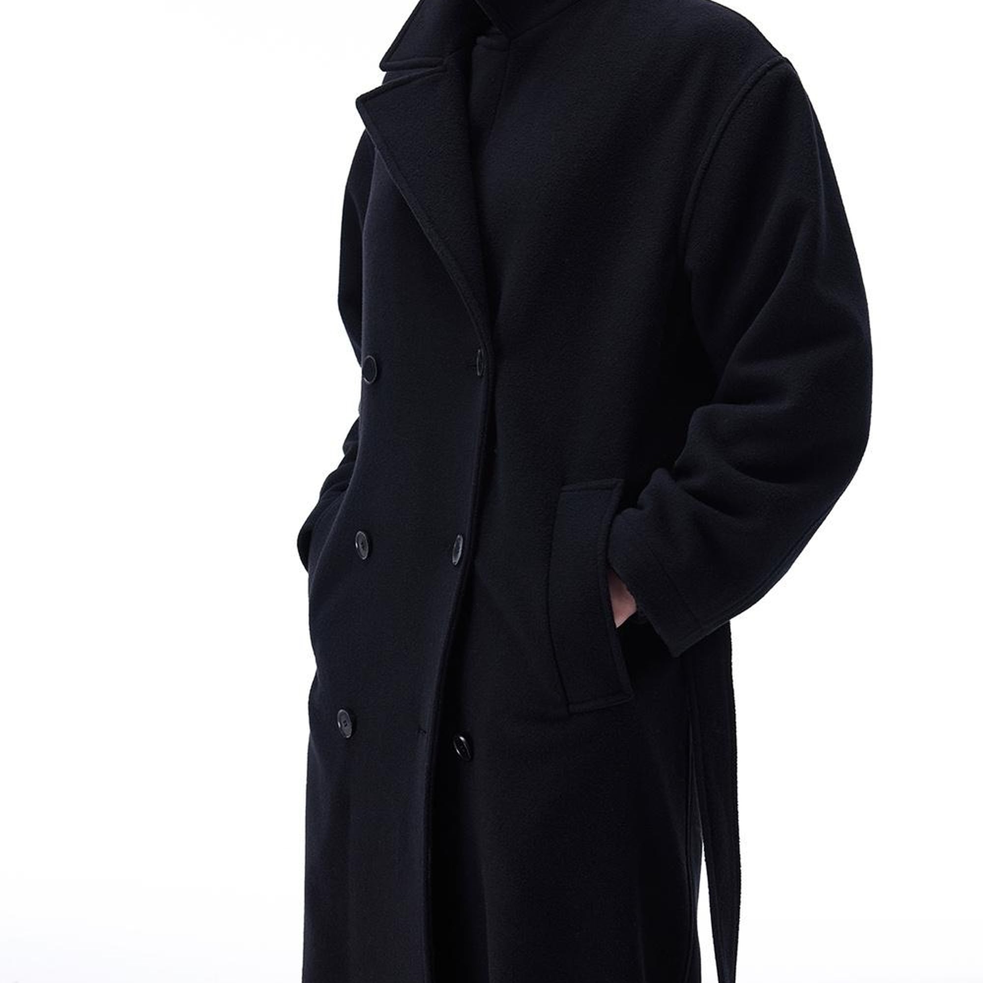 Alaias Regular Fit Uzun Boy Düşük Kollu Erkek Yaka Siyah Kaban