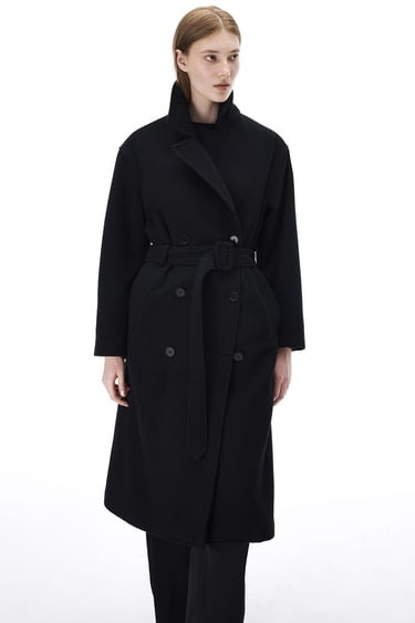  Alaias Regular Fit Uzun Boy Düşük Kollu Erkek Yaka Siyah Kaban