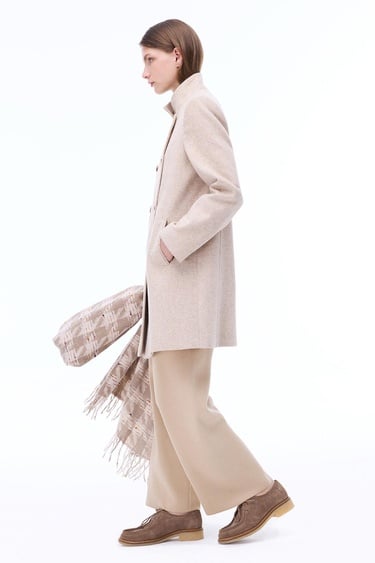  Arlines Diz Üstü Takma Kol Hakim Yaka Bej Renk Kadın Kaban