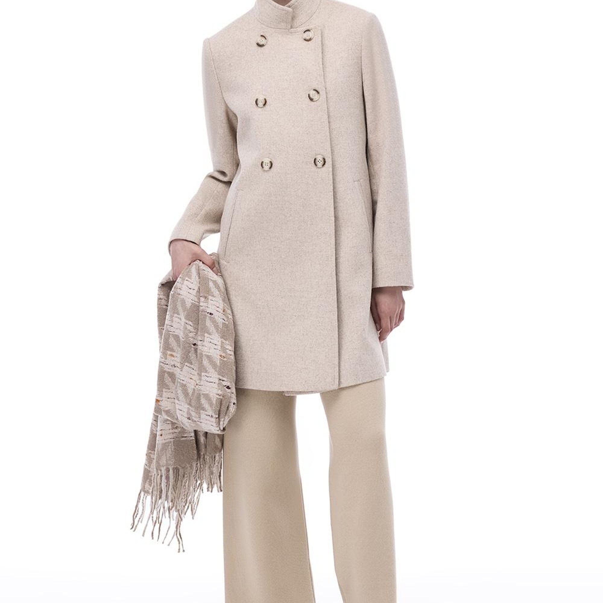 Arlines Diz Üstü Takma Kol Hakim Yaka Bej Renk Kadın Kaban