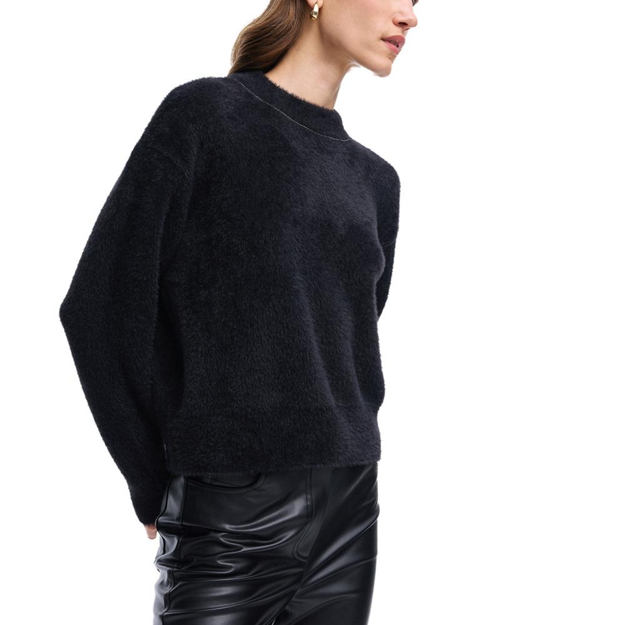 Triko Rahat Kalıp Standart Boy Düşük Kollu Bisiklet Yaka Siyah Kazak