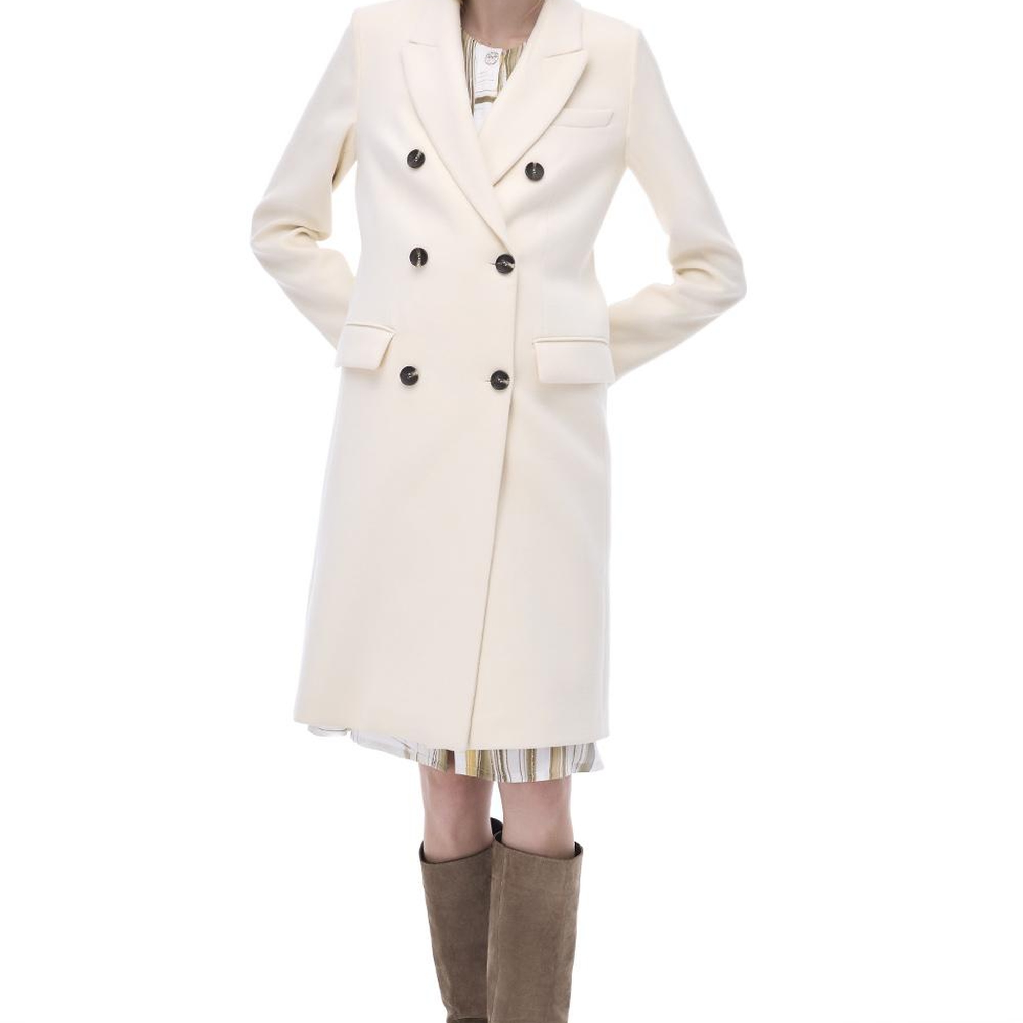 Mona Slim Fit Uzun Boy Takma Kol Erkek Yaka Ekru Renk Kadın Kaban