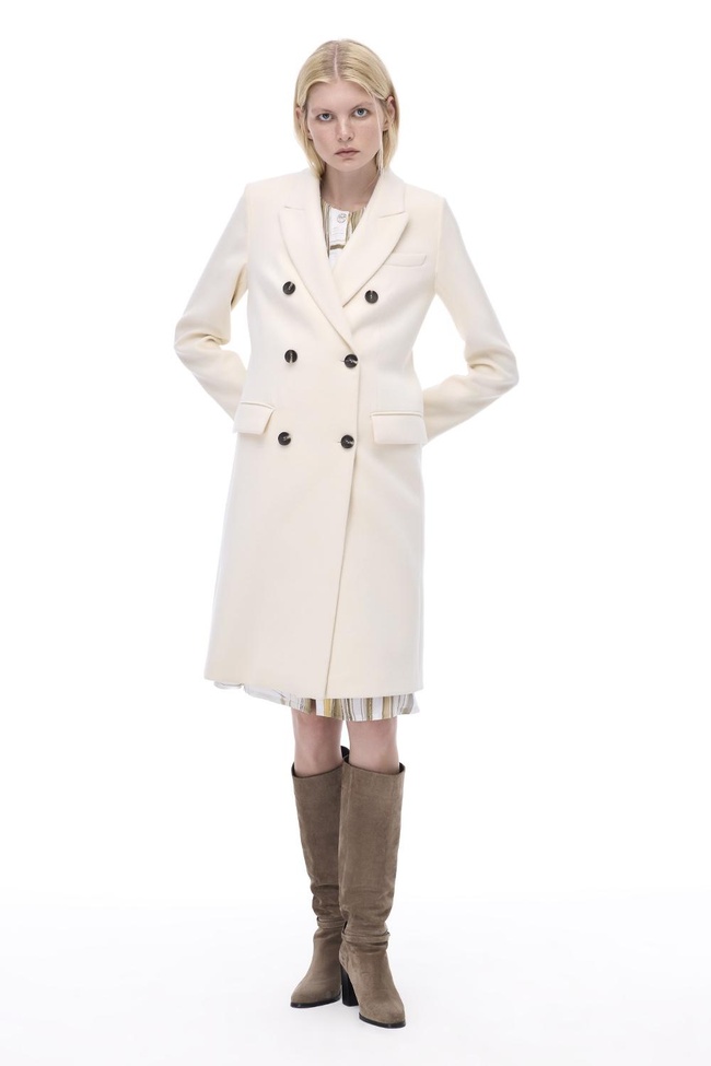  Mona Slim Fit Uzun Boy Takma Kol Erkek Yaka Ekru Renk Kadın Kaban