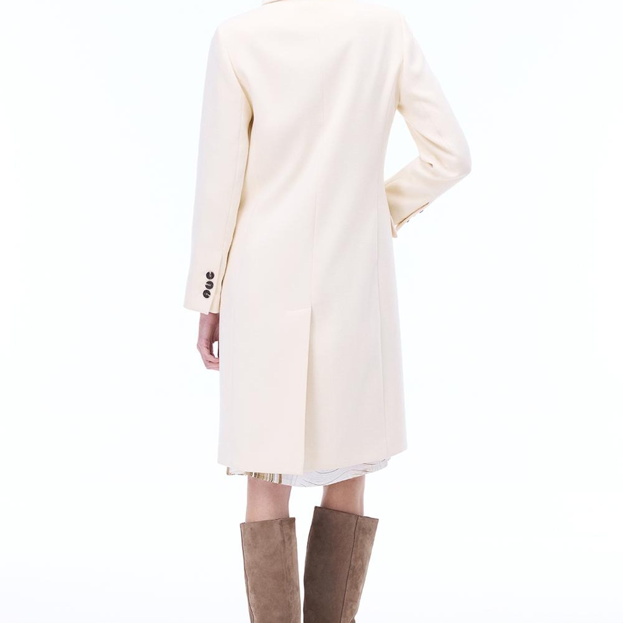 Mona Slim Fit Uzun Boy Takma Kol Erkek Yaka Ekru Renk Kadın Kaban