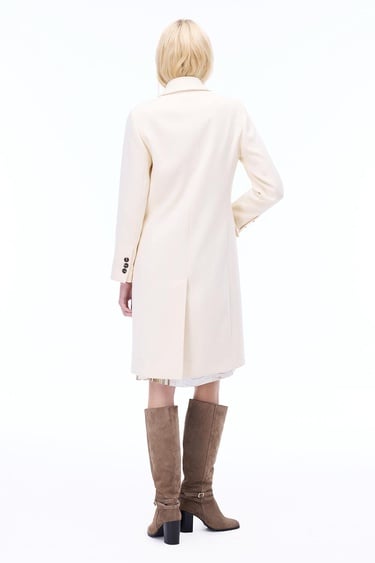  Mona Slim Fit Uzun Boy Takma Kol Erkek Yaka Ekru Renk Kadın Kaban