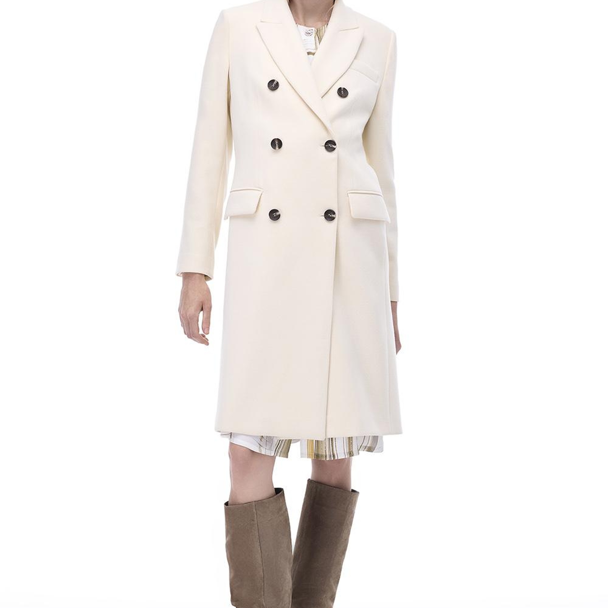 Mona Slim Fit Uzun Boy Takma Kol Erkek Yaka Ekru Renk Kadın Kaban