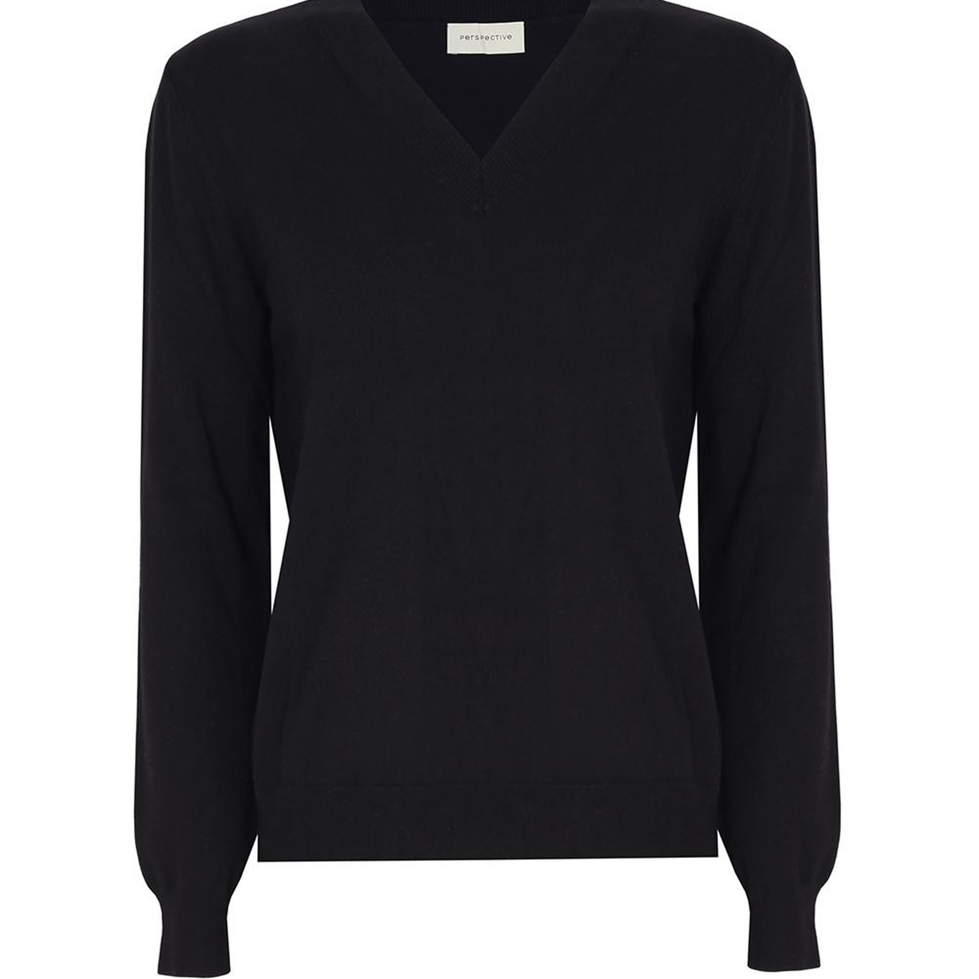 Triko Rahat Kalıp Standart Boy Takma Kol V-Yaka Siyah Kazak