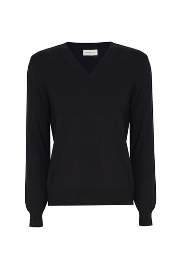  Triko Rahat Kalıp Standart Boy Takma Kol V-Yaka Siyah Kazak