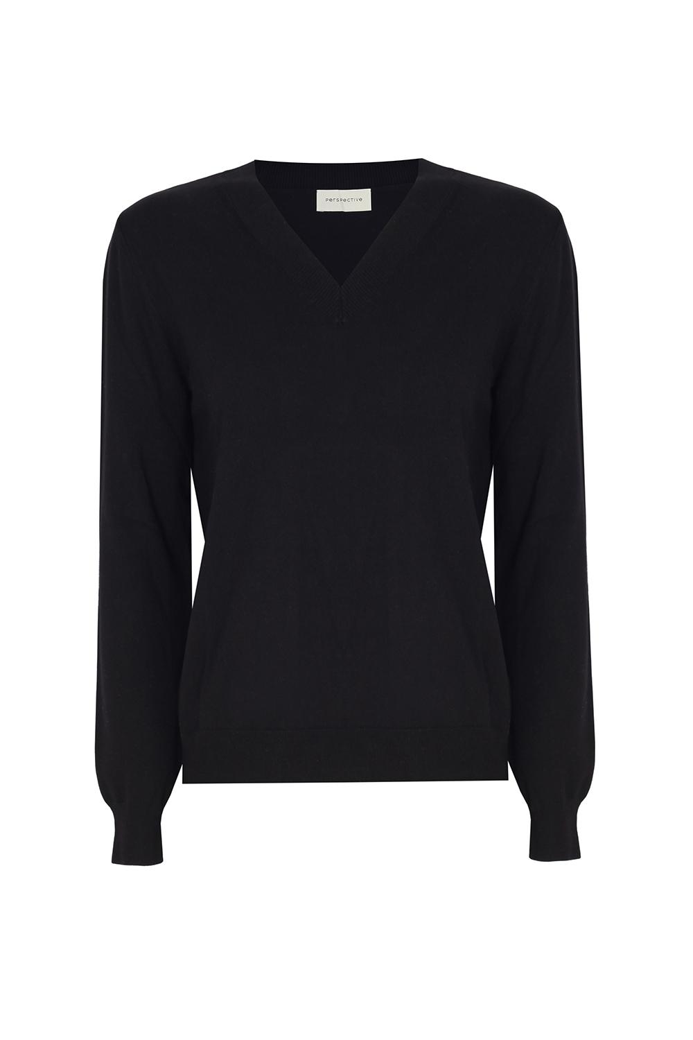  Triko Rahat Kalıp Standart Boy Takma Kol V-Yaka Siyah Kazak