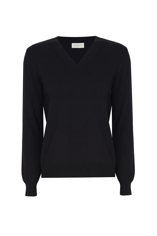  Triko Rahat Kalıp Standart Boy Takma Kol V-Yaka Siyah Kazak