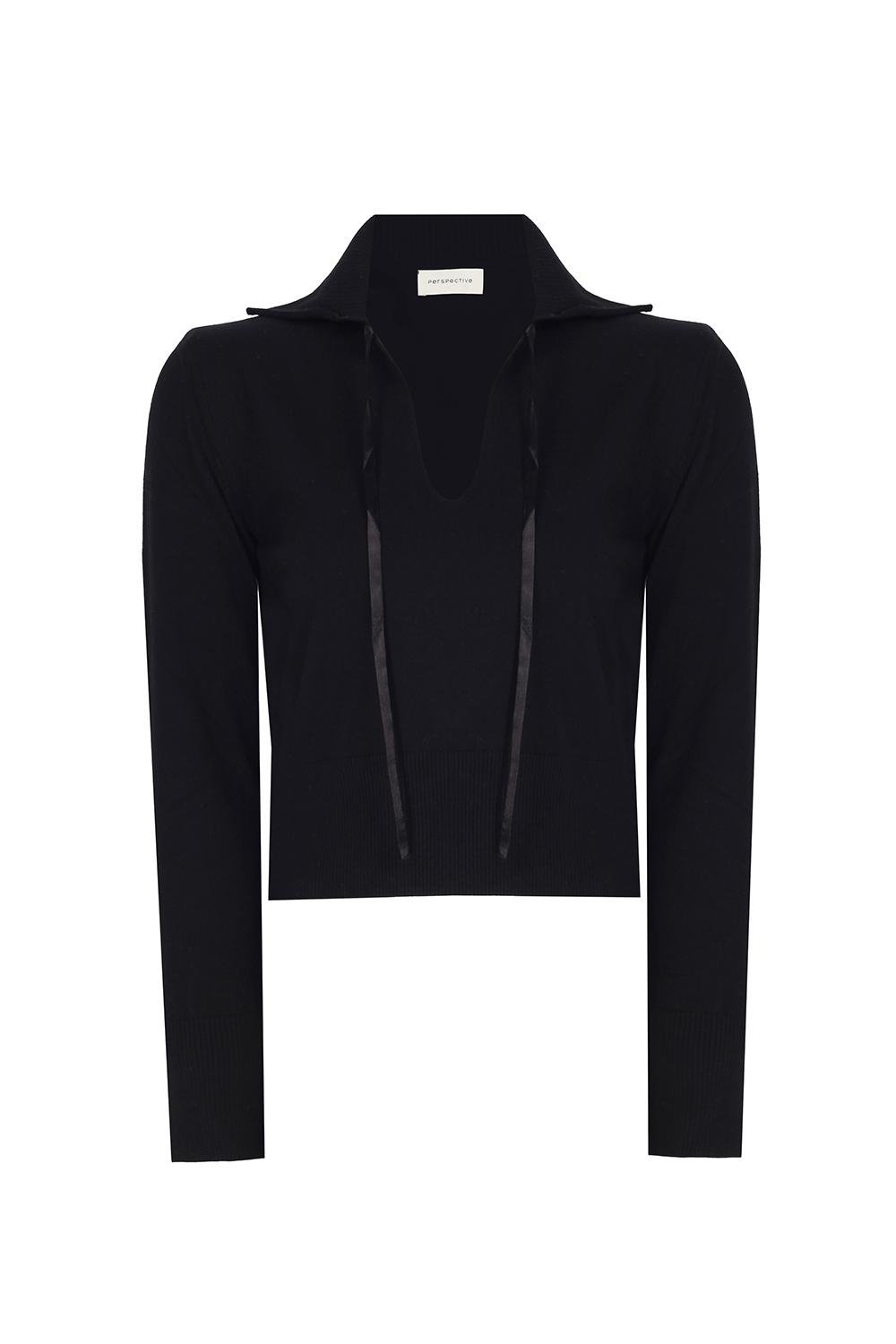  Triko Rahat Kalıp Standart Boy Takma Kol V-Yaka Siyah Kazak