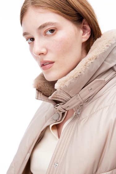  Awans Regular Fit Diz Boy Takma Kol Gömlek Yaka Acık deve tuyu Mont