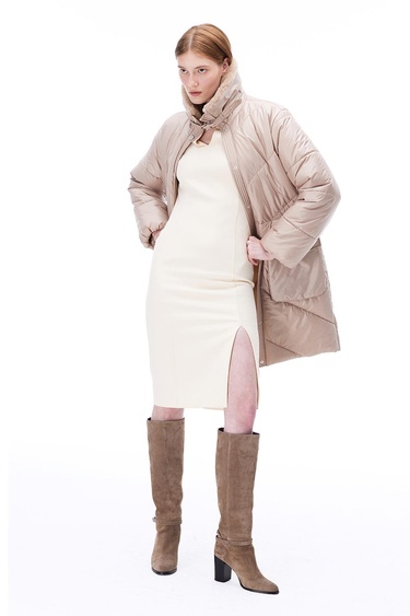  Awans Regular Fit Diz Boy Takma Kol Gömlek Yaka Acık deve tuyu Mont