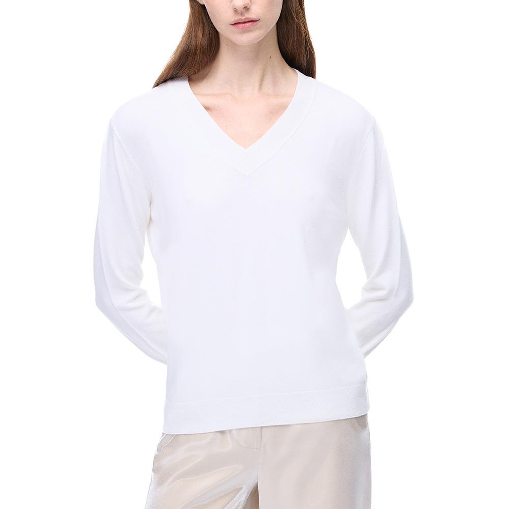 Triko Rahat Kalıp Standart Boy Takma Kol V-Yaka Ekru Kazak