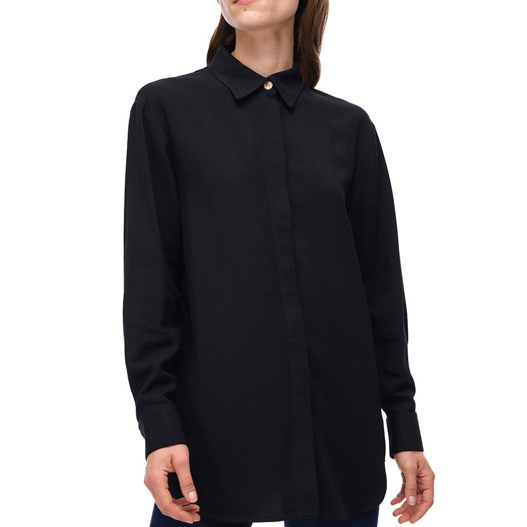 Seras Regular Fit Standart Boy Düşük Kollu Gömlek Yaka Siyah Gömlek