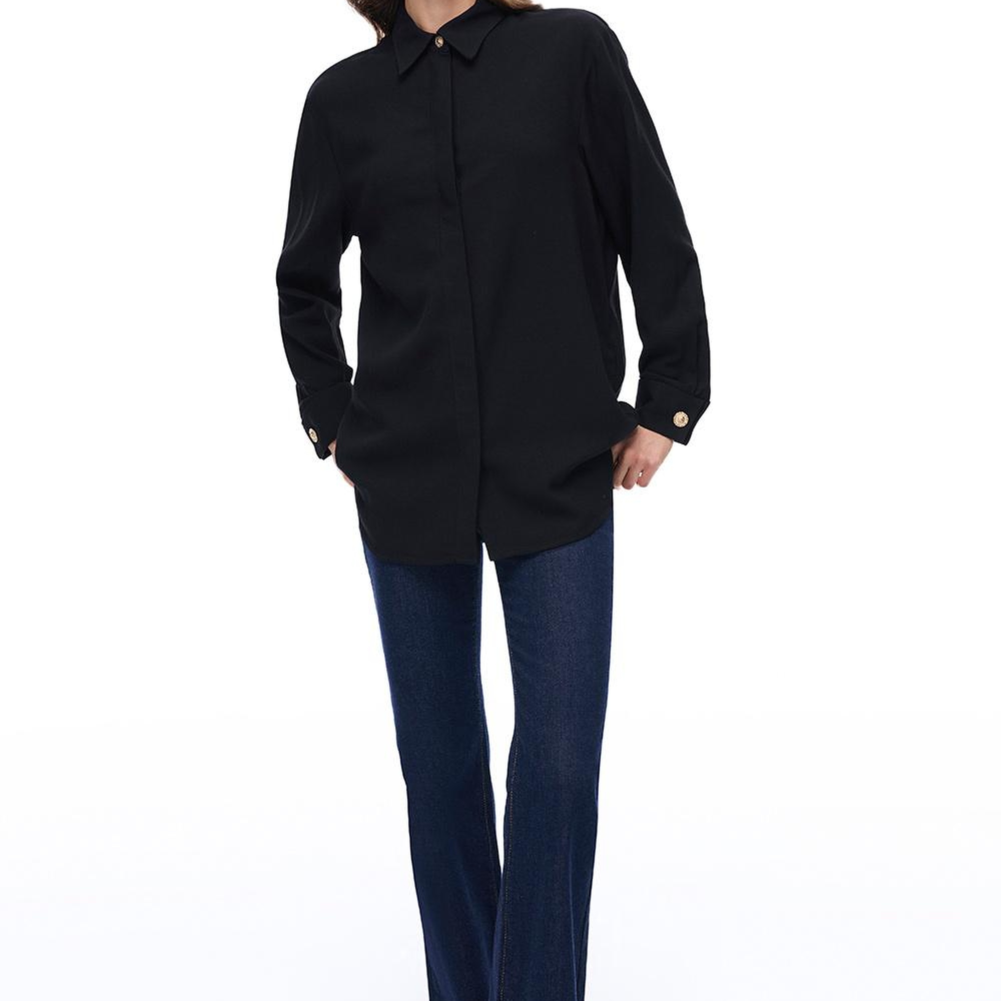 Seras Regular Fit Standart Boy Düşük Kollu Gömlek Yaka Siyah Gömlek