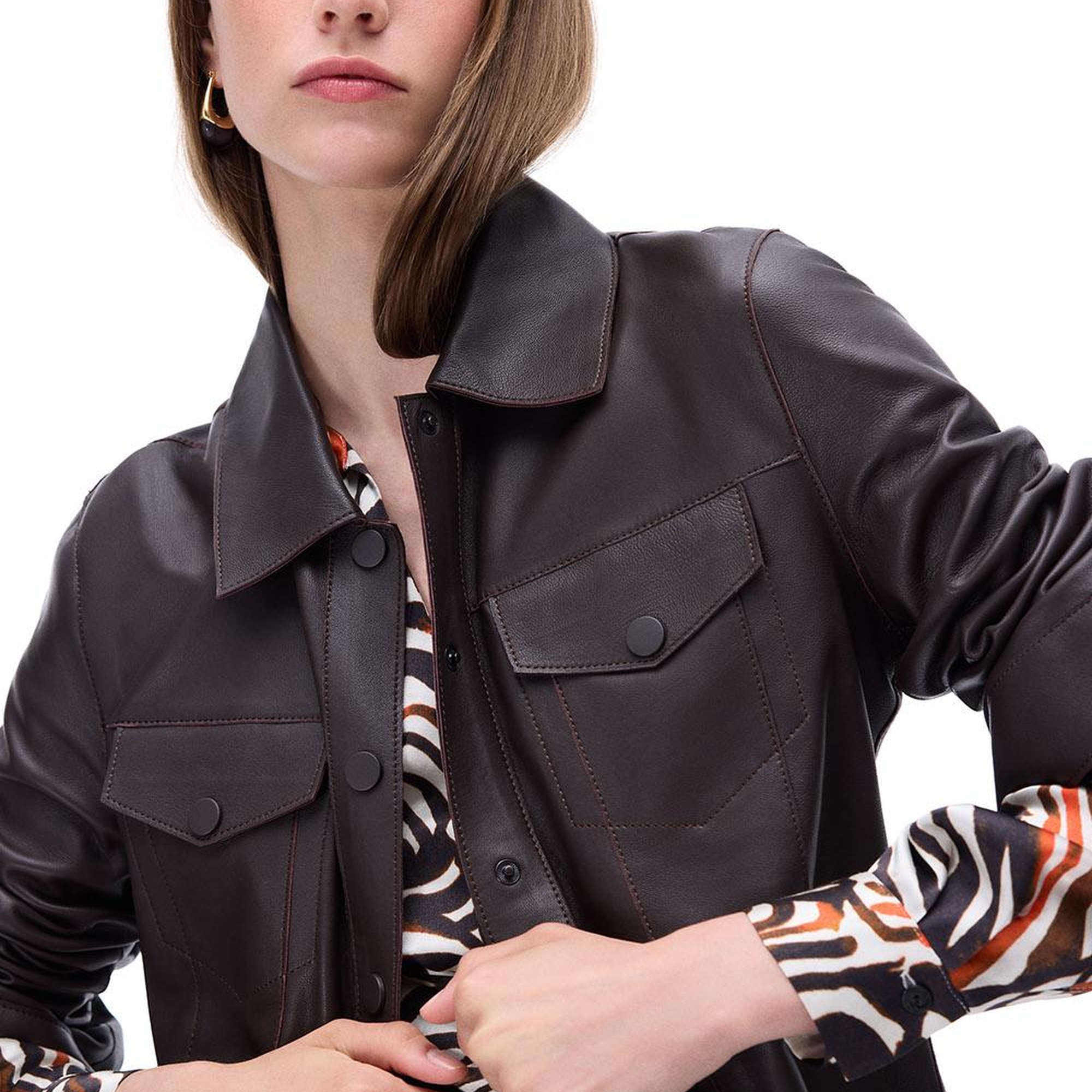 Aurens Slim Fit Kısa Boy Takma Kol Gömlek Yaka Kahverengi Ceket