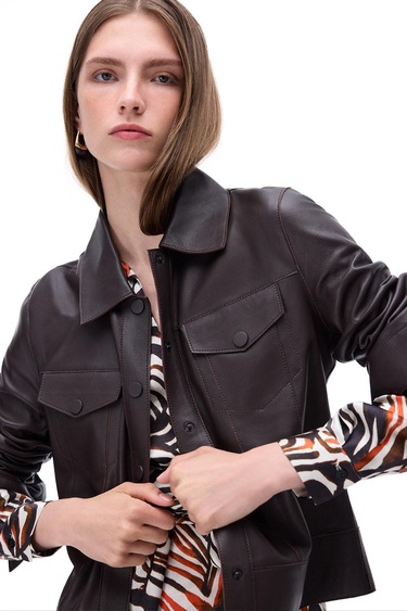  Aurens Slim Fit Kısa Boy Takma Kol Gömlek Yaka Kahverengi Ceket