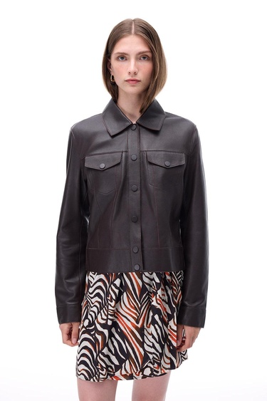  Aurens Slim Fit Kısa Boy Takma Kol Gömlek Yaka Kahverengi Ceket