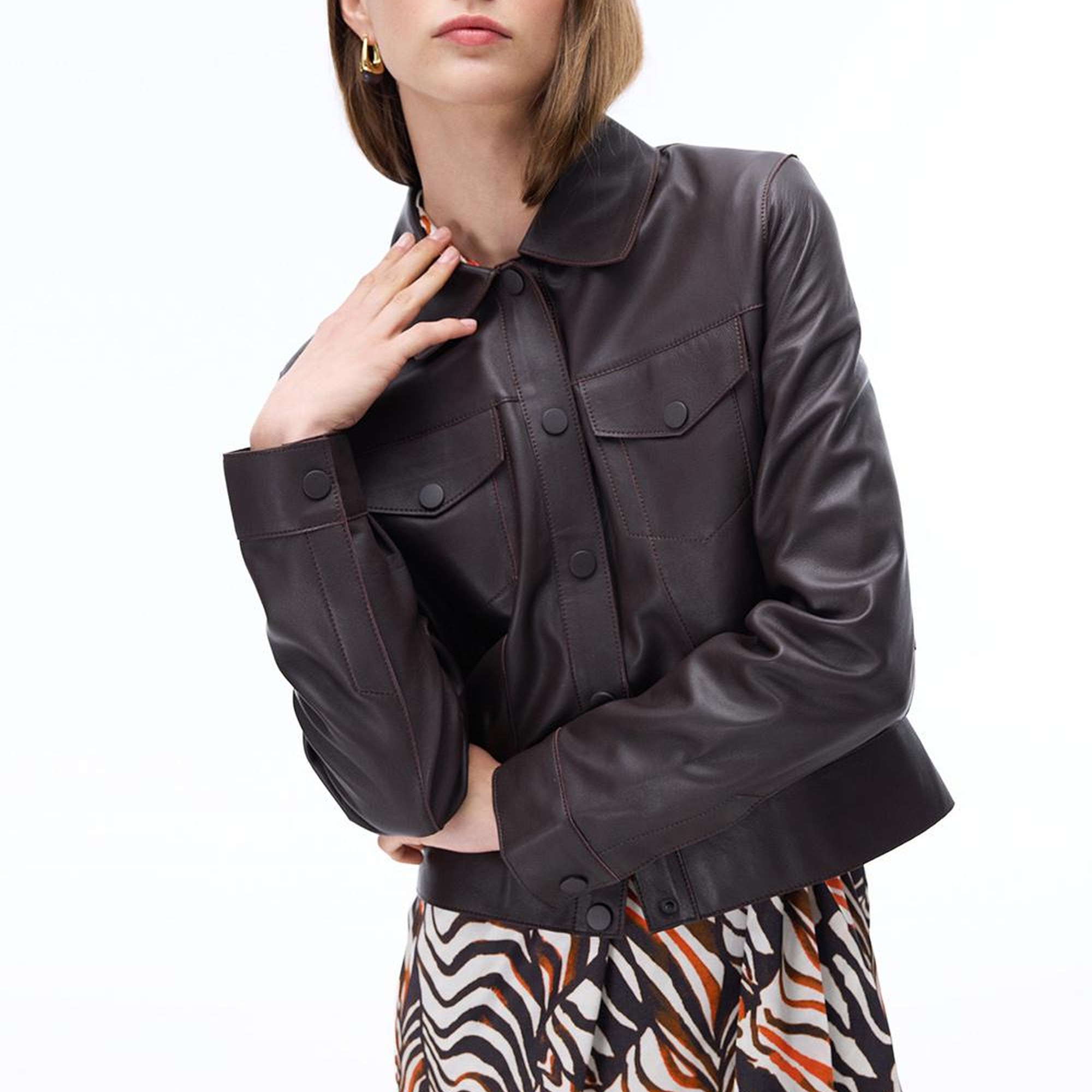 Aurens Slim Fit Kısa Boy Takma Kol Gömlek Yaka Kahverengi Ceket