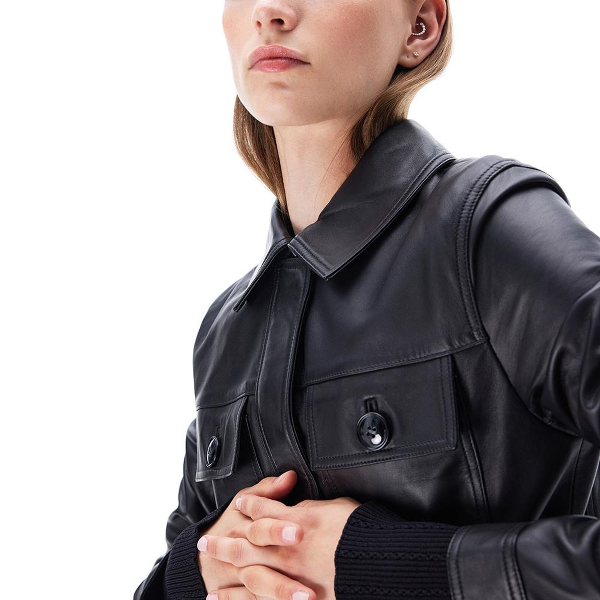 Aurens Slim Fit Kısa Boy Takma Kol Gömlek Yaka Siyah Ceket