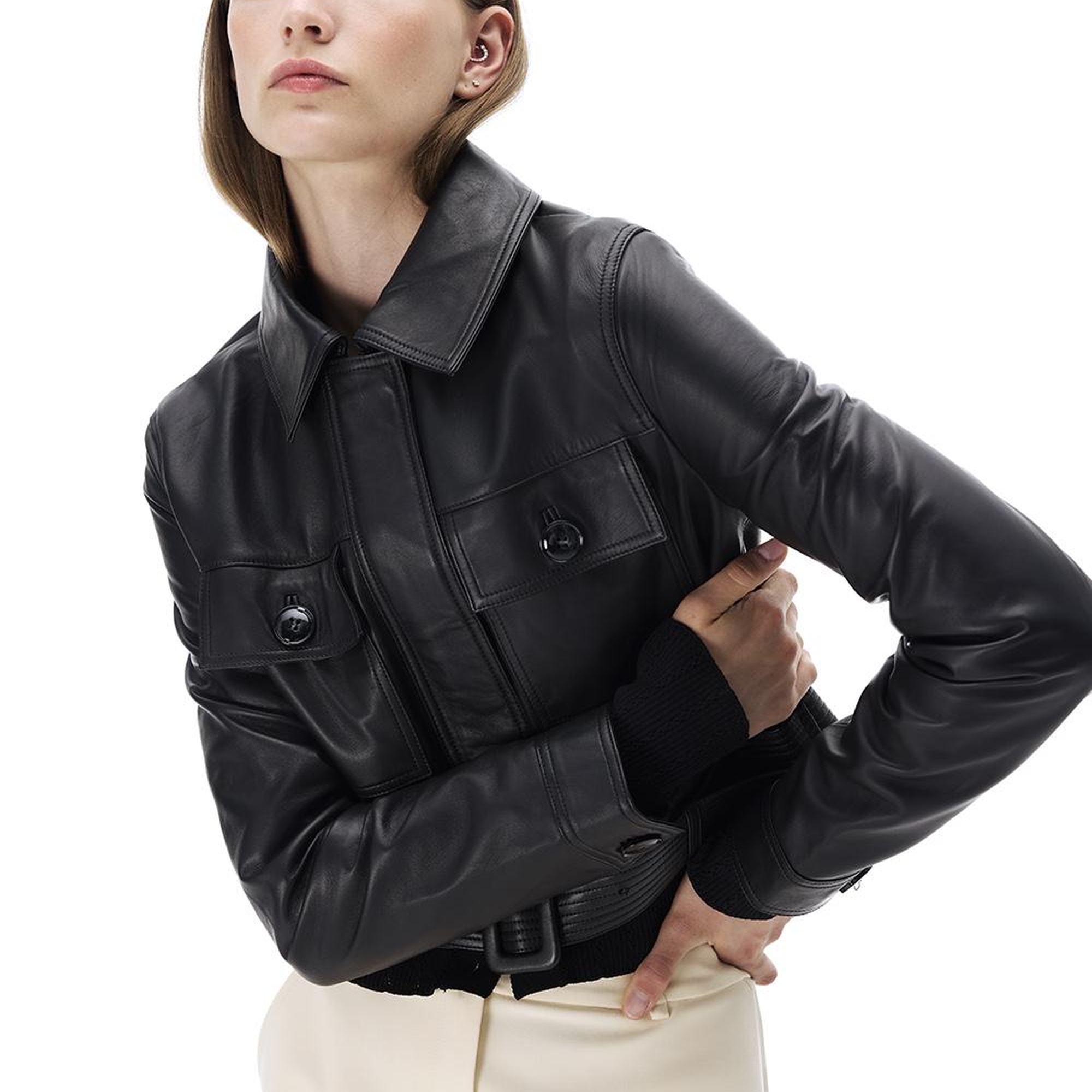 Aurens Slim Fit Kısa Boy Takma Kol Gömlek Yaka Siyah Ceket