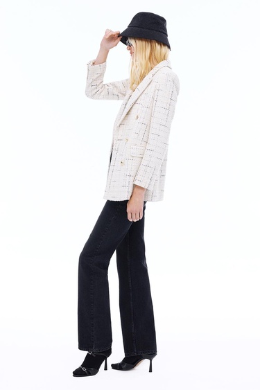  Fancy Regular Fit Standart Boy Takma Kol Ceket Yaka Ekru Renk Kadın Ceket