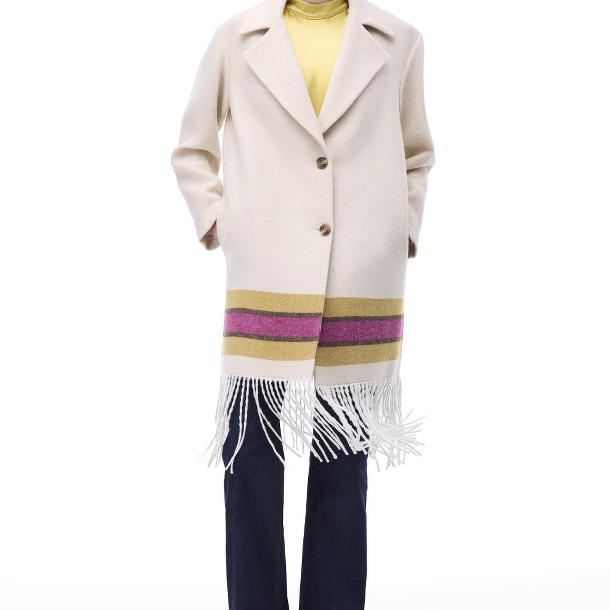 Pleasant Rahat Kalıp Diz Boy Ceket Yaka Bej Renk Kadın Kaban