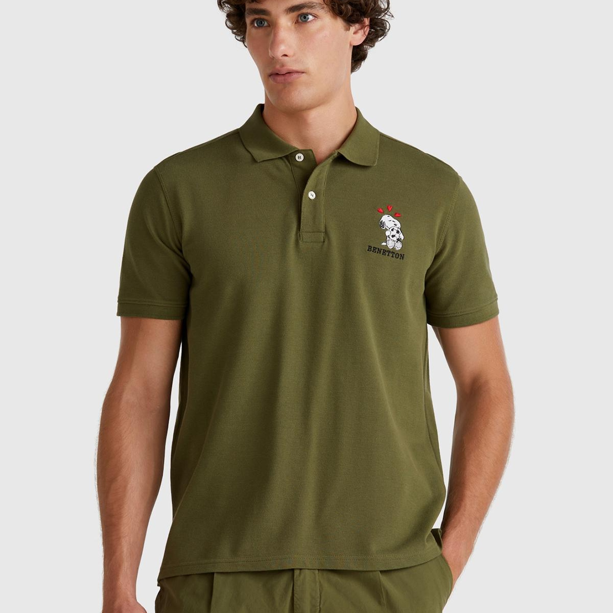 Erkek Haki %100 Koton Peanuts Baskılı Polo T-Shirt