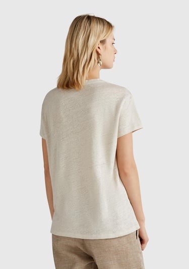  Kadın Taş Rengi %100 Keten Düşük Omuzlu Relax Fit V Yaka T-Shirt