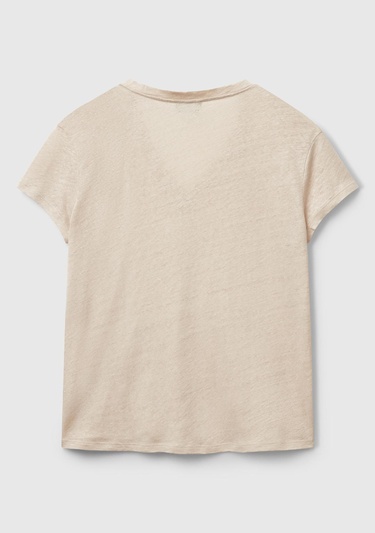  Kadın Taş Rengi %100 Keten Düşük Omuzlu Relax Fit V Yaka T-Shirt