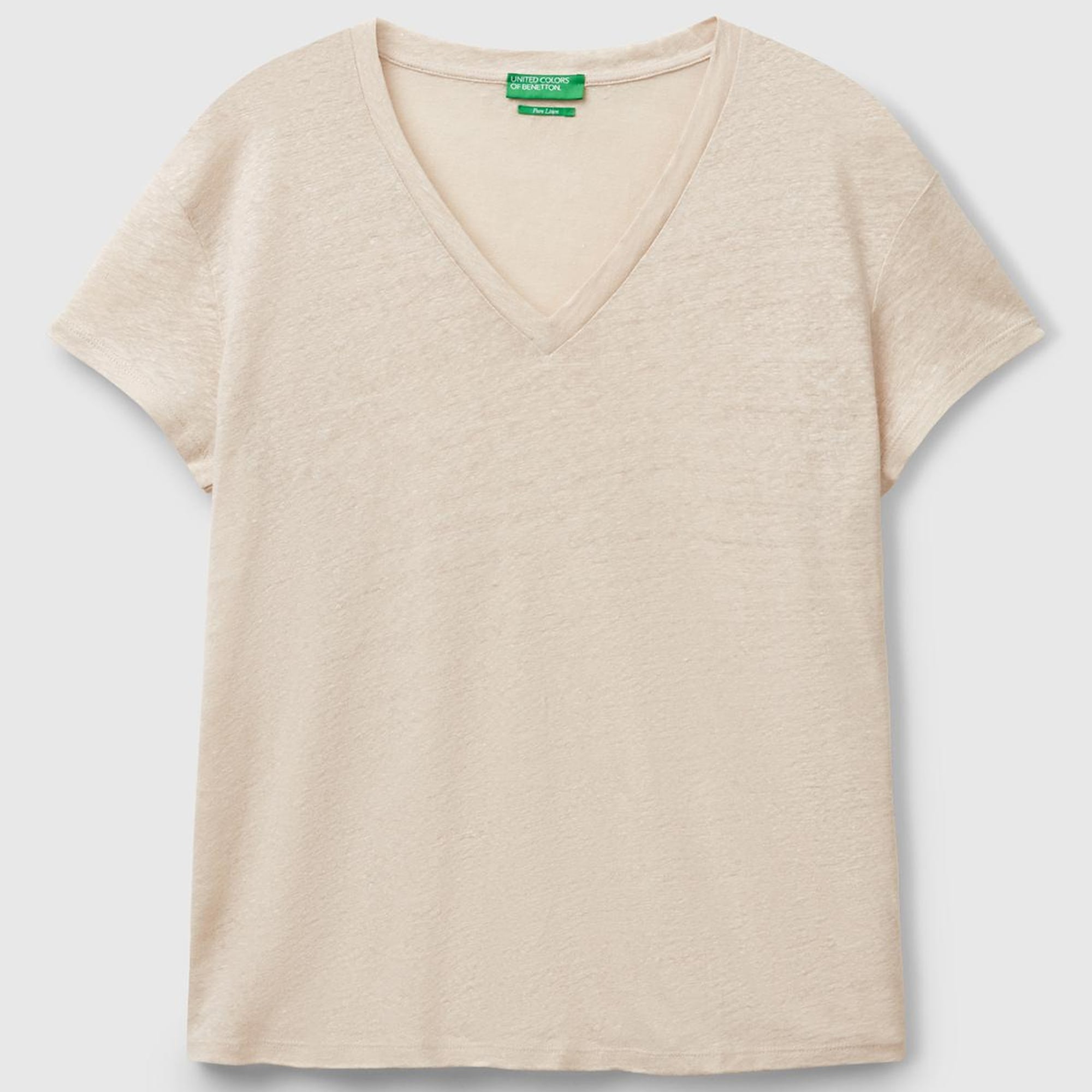 Kadın Taş Rengi %100 Keten Düşük Omuzlu Relax Fit V Yaka T-Shirt