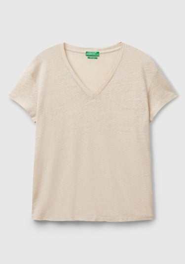  Kadın Taş Rengi %100 Keten Düşük Omuzlu Relax Fit V Yaka T-Shirt