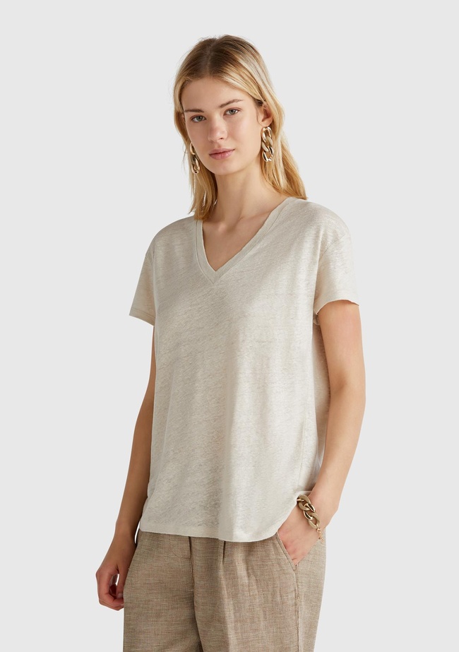  Kadın Taş Rengi %100 Keten Düşük Omuzlu Relax Fit V Yaka T-Shirt