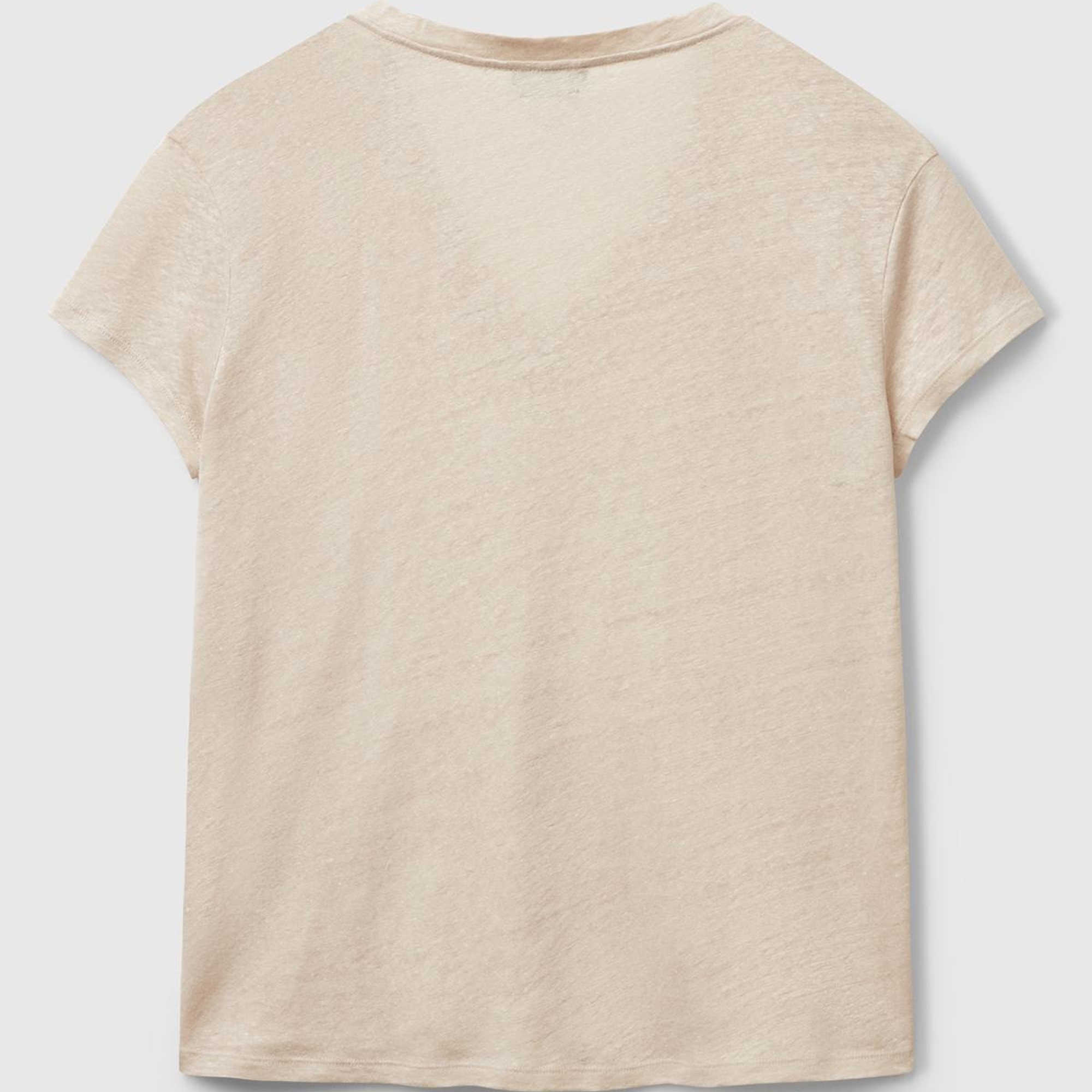 Kadın Taş Rengi %100 Keten Düşük Omuzlu Relax Fit V Yaka T-Shirt