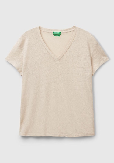  Kadın Taş Rengi %100 Keten Düşük Omuzlu Relax Fit V Yaka T-Shirt
