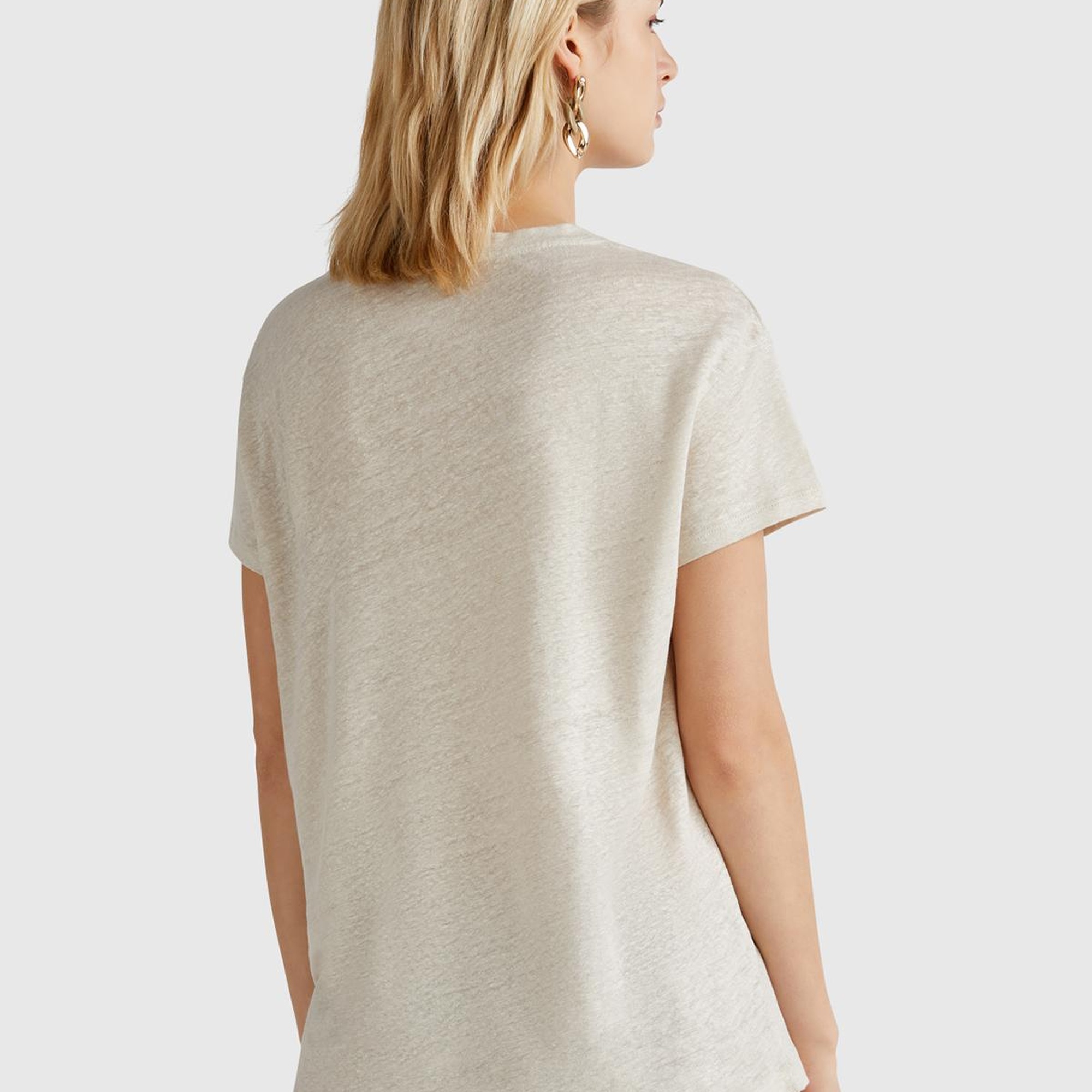 Kadın Taş Rengi %100 Keten Düşük Omuzlu Relax Fit V Yaka T-Shirt