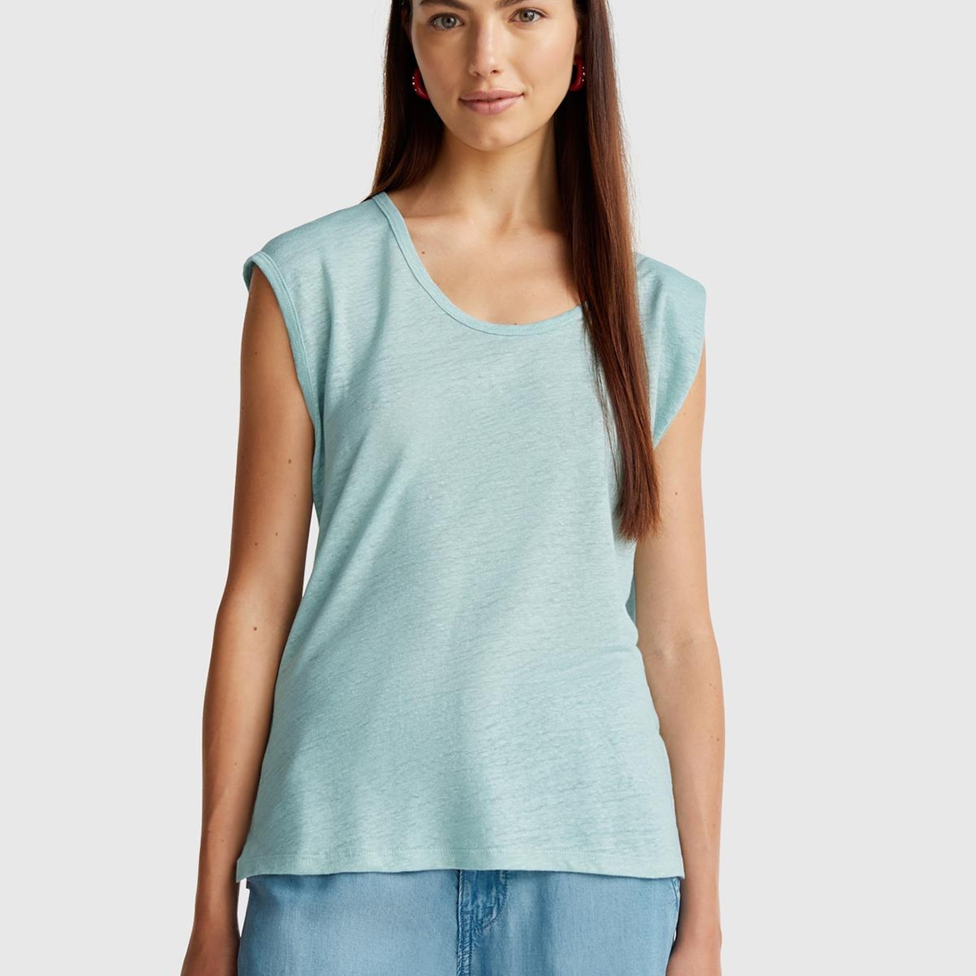 Kadın Su Yeşili %100 Keten Yanları Yırtmaçlı Relax Fit Yuvarlak Yaka T-Shirt