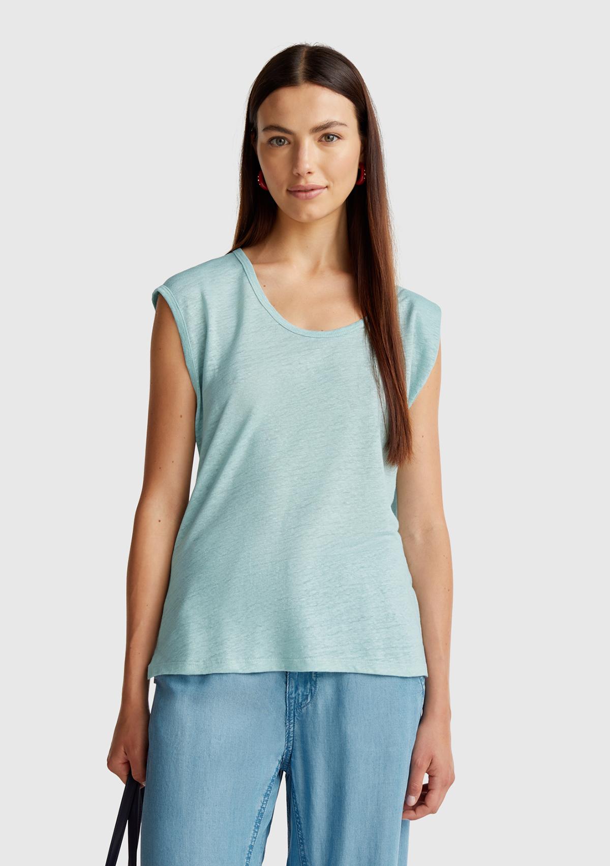  Kadın Su Yeşili %100 Keten Yanları Yırtmaçlı Relax Fit Yuvarlak Yaka T-Shirt