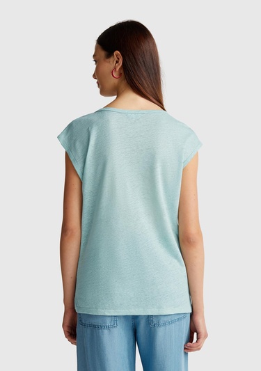  Kadın Su Yeşili %100 Keten Yanları Yırtmaçlı Relax Fit Yuvarlak Yaka T-Shirt