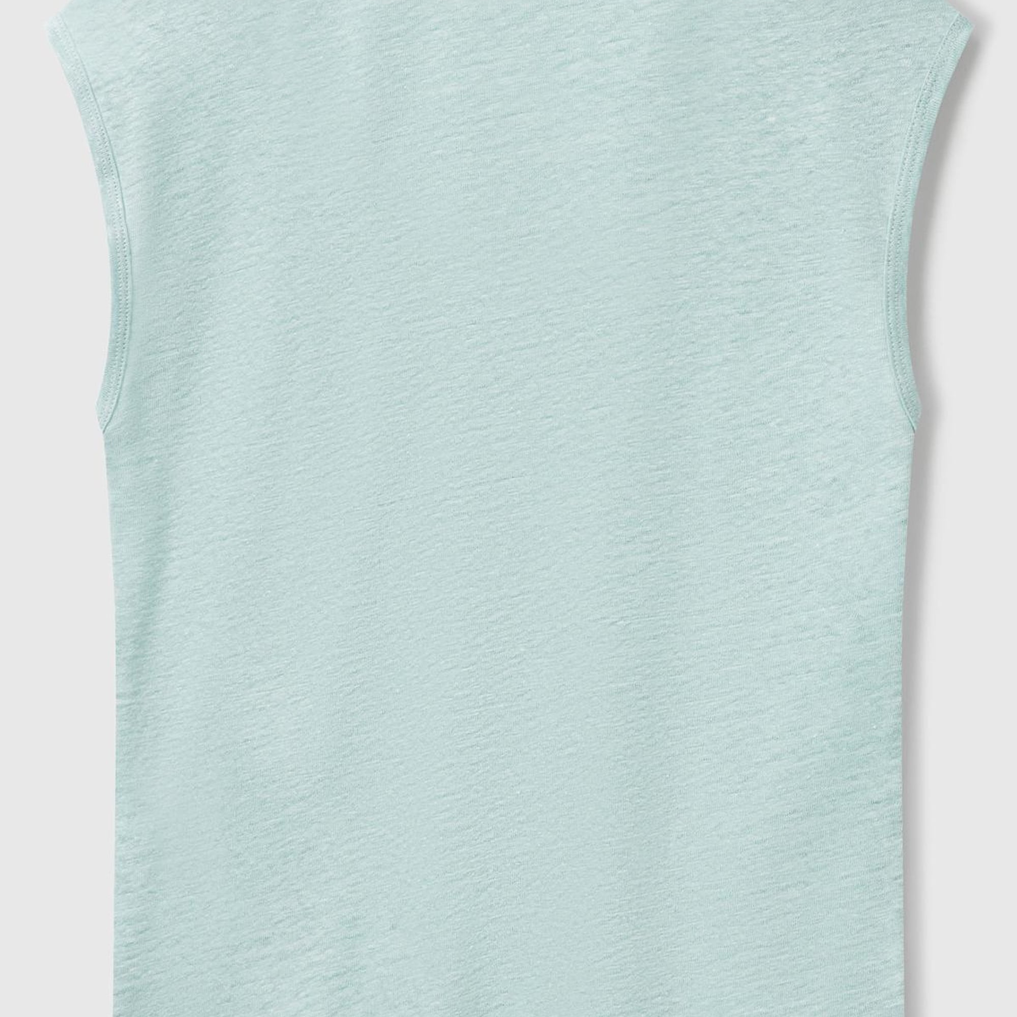 Kadın Su Yeşili %100 Keten Yanları Yırtmaçlı Relax Fit Yuvarlak Yaka T-Shirt