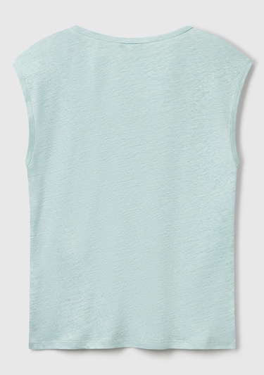  Kadın Su Yeşili %100 Keten Yanları Yırtmaçlı Relax Fit Yuvarlak Yaka T-Shirt