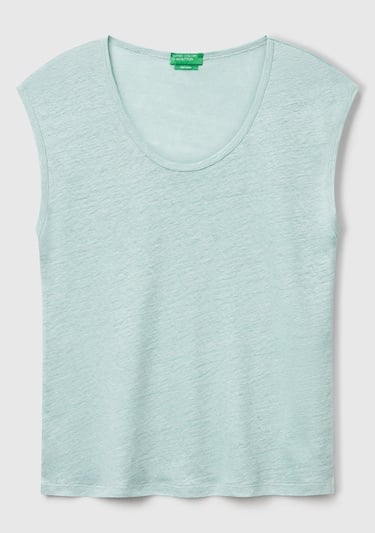  Kadın Su Yeşili %100 Keten Yanları Yırtmaçlı Relax Fit Yuvarlak Yaka T-Shirt