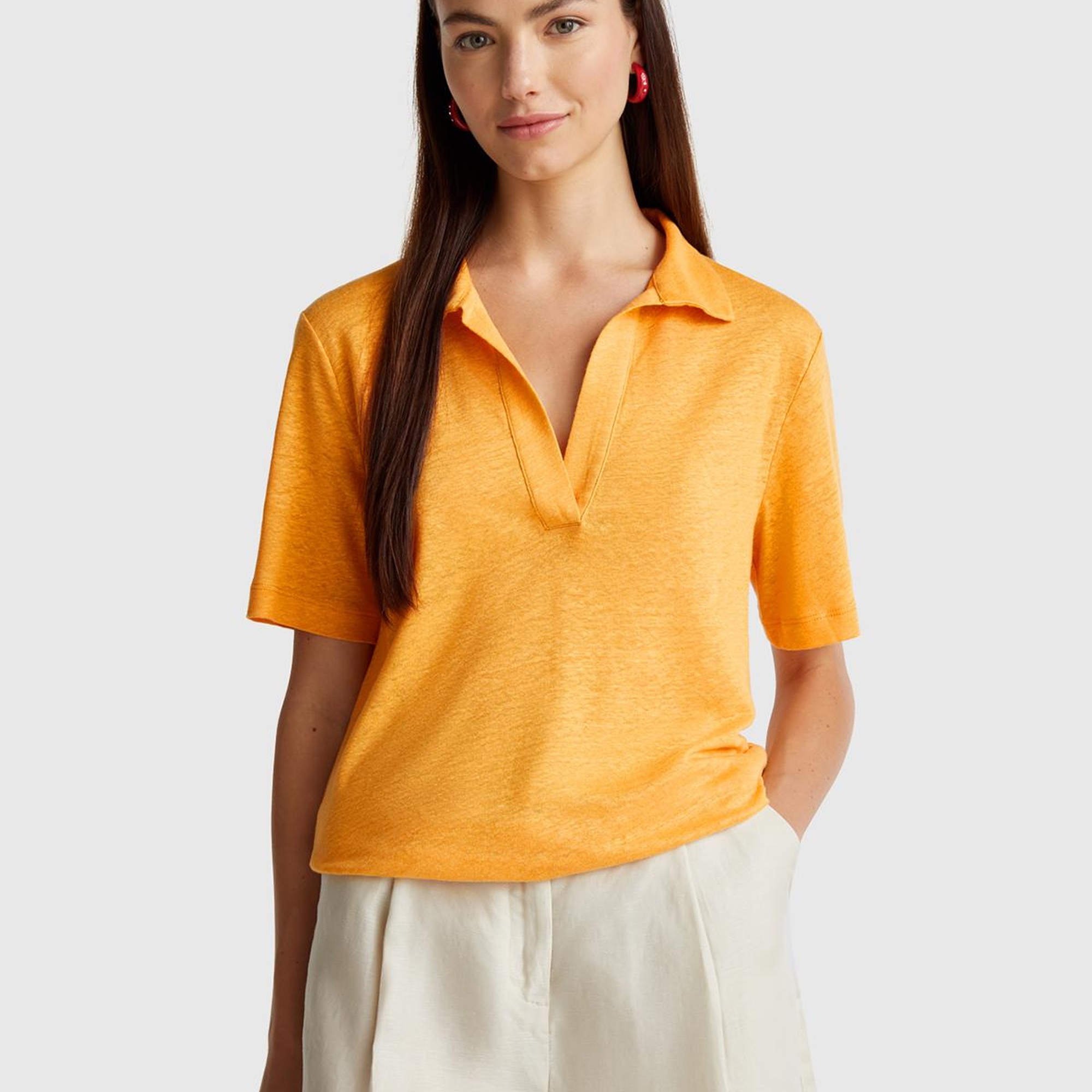 Kadın Sarı %100 Keten Polo Yaka T-Shirt