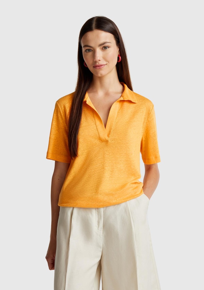  Kadın Sarı %100 Keten Polo Yaka T-Shirt