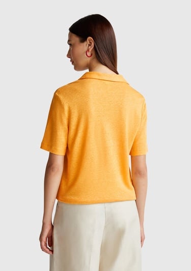  Kadın Sarı %100 Keten Polo Yaka T-Shirt