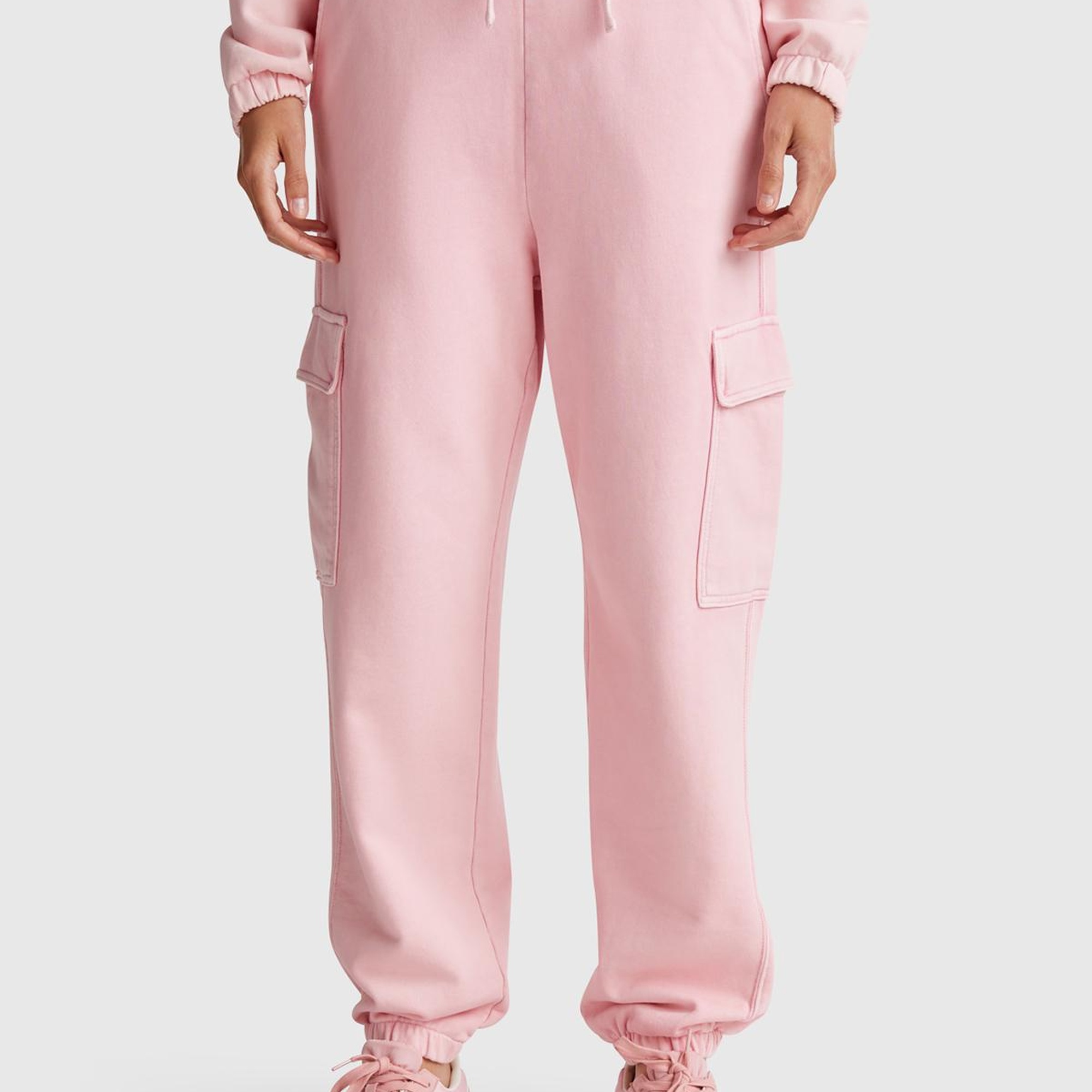 Kadın Pembe %100 Pamuk Beli İpli Relax Fit Kargo Eşofman Altı